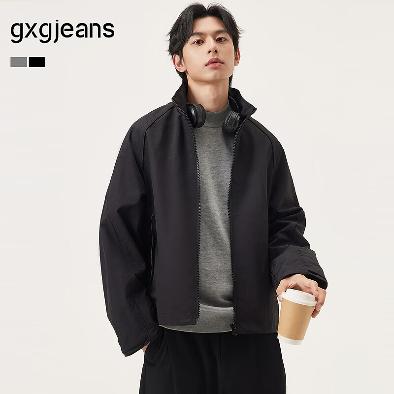 gxgjeans男装 多色拼接宽松立领通勤行政夹克外套男 25年秋新品 黑色 L (175)