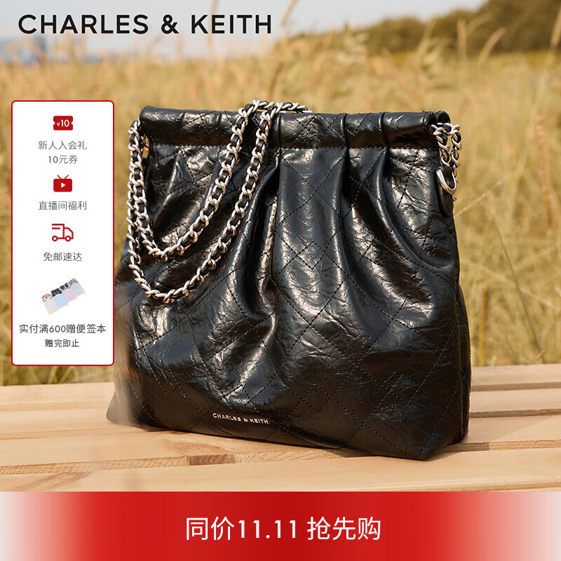 CHARLES&amp;KEITH子母链条大容量流浪包托特包单肩斜挎包女包生日礼物CK2-40671449 Noir黑银 L
