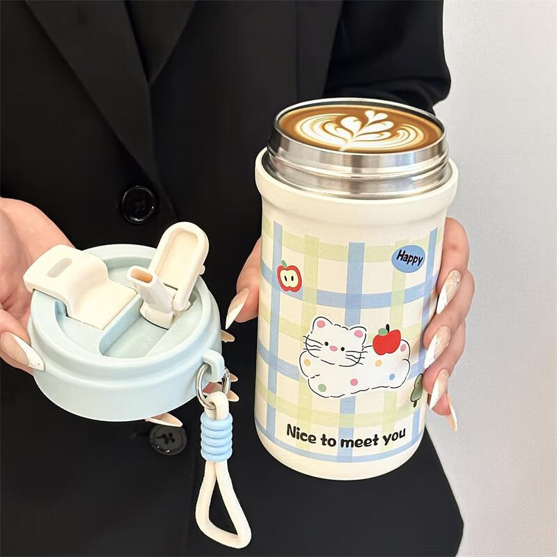 鸿迪卡通双饮保温杯女生高颜值316不锈钢便携咖啡杯吸管学生水杯子 蓝色格子喵 500ml 双饮+茶仓