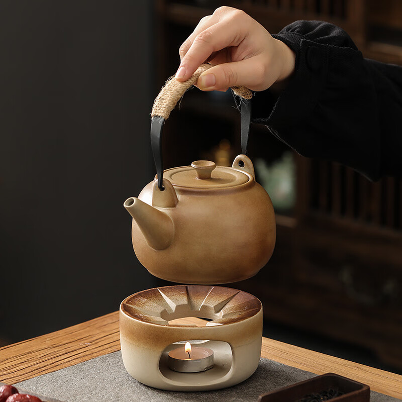 北牧星南瓜提梁壶粗陶泡茶壶单壶蜡烛温茶炉底座家用围炉煮茶暖茶小火炉 温茶炉全套+反口四杯+南瓜提梁壶