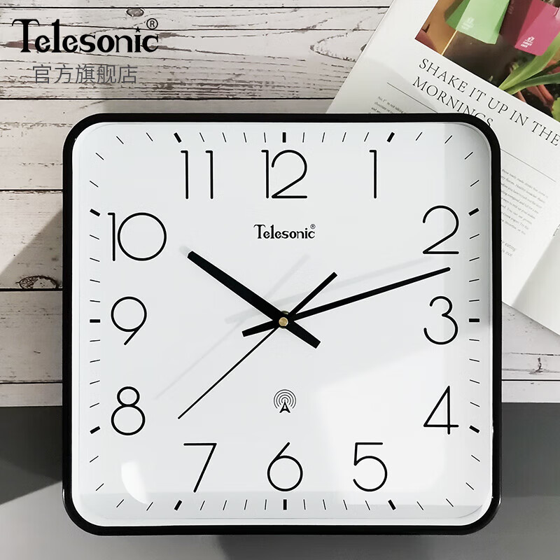 天王星电波钟 钟居家静音挂钟方形轻奢艺术挂表卧室时钟表 黑色长33厘米高32厘米自动对时 13英寸 直径33厘米