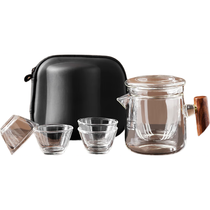 琦軒源玻璃旅行茶具套裝便攜式泡茶壺家用小套戶(hù)外功夫茶杯茶壺隨 玻璃高升快客杯-木把旅行包