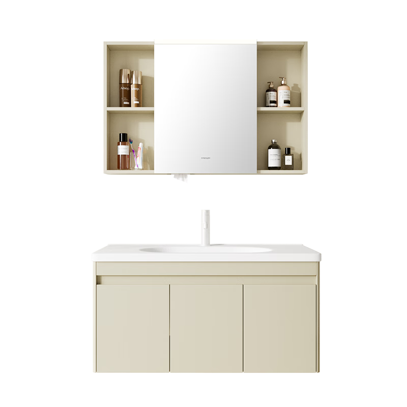 法恩莎（FAENZA）奶油風智能感應美妝鏡柜一體陶瓷盆洗臉盆浴室柜組合亞當-100cm