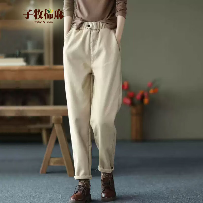 子牧棉麻秋冬装 女加绒加厚裤子休闲裤松紧腰加绒哈伦裤时尚长裤8456 米色 M (建议95-115斤)