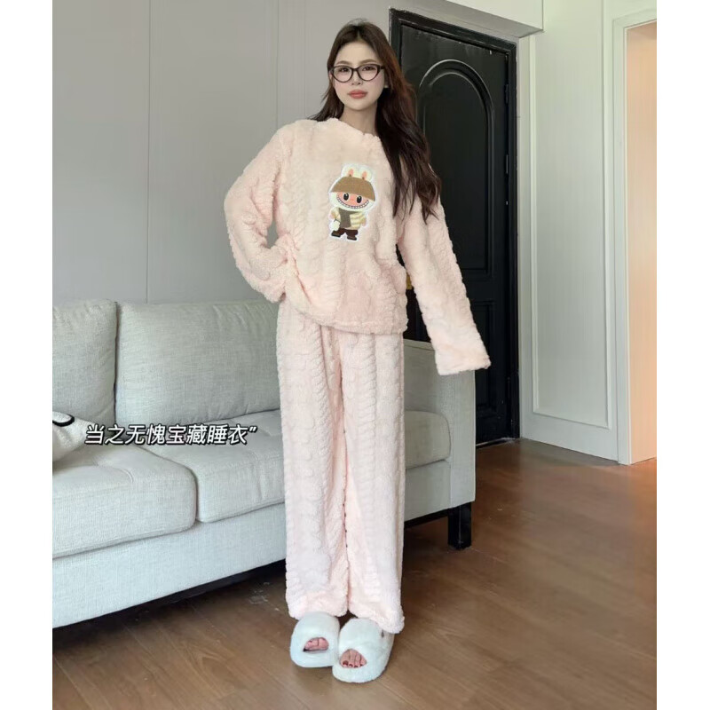 诗莉奥(SHILIAO)睡衣女珊瑚绒秋冬季新款加厚绒休闲保暖家居服少女冬天套装可外穿 小兔-姜黄色套装 均码 155-175/80-105CM