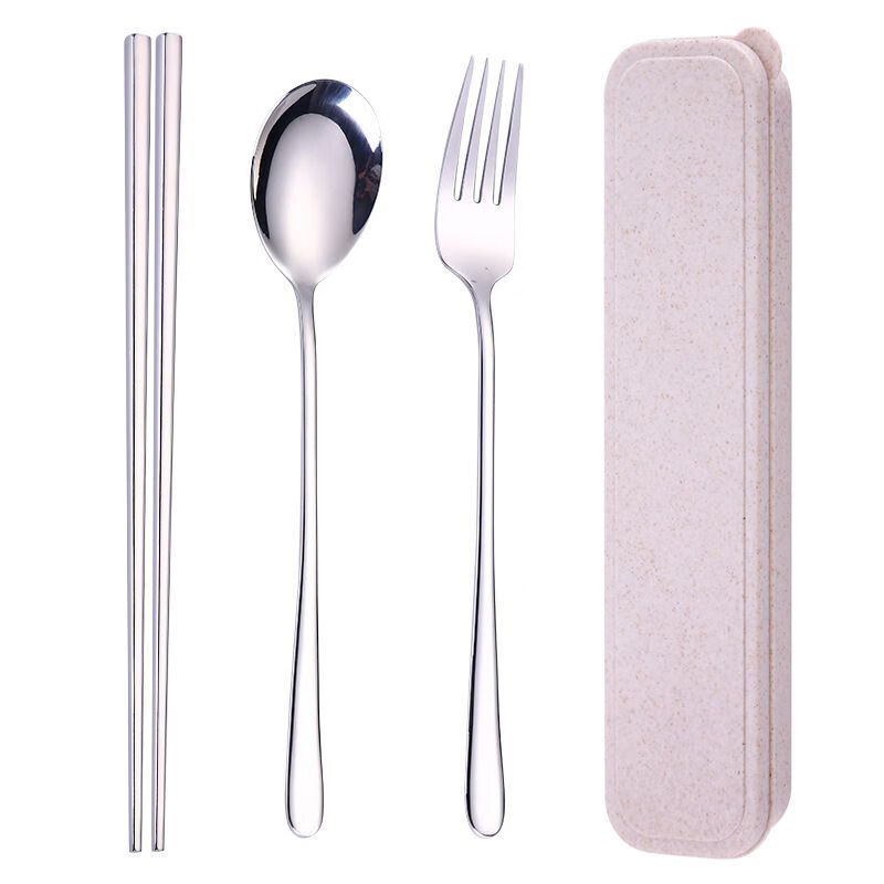 简漾学生便携餐具筷子勺子套装304不锈钢叉子不生锈高档网红三件套装 方筷3件套-银色(圆)
