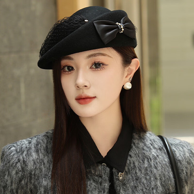 藍詩(shī)夢(mèng)戴（lanshimengdai）澳洲羊毛呢時(shí)裝帽子女秋冬貝雷帽蝴蝶結禮帽定制批發(fā) 黑色 成人均碼(可調節56-58cm)