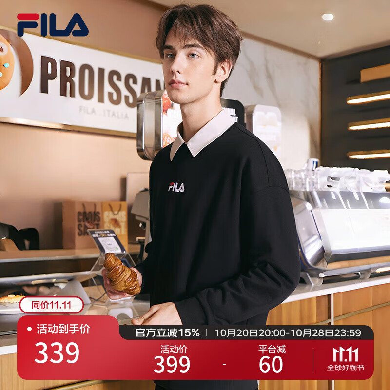 FILA 斐乐官方男装情侣款卫衣秋冬男女同款休闲卫衣加绒保暖上衣 正黑色-BK（加绒） 175/96A/L