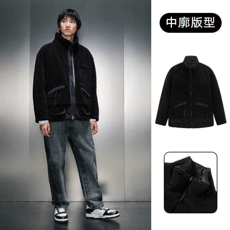 gxgjeans男装黑色仿羊羔毛立领夹克冬季 黑色 S 165_