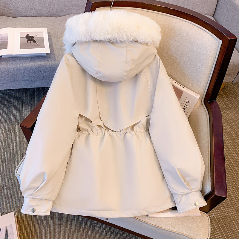 爱依服名品派克服女冬季加绒棉服年新款收腰显瘦小个子加厚棉衣棉袄外套 米白色 M