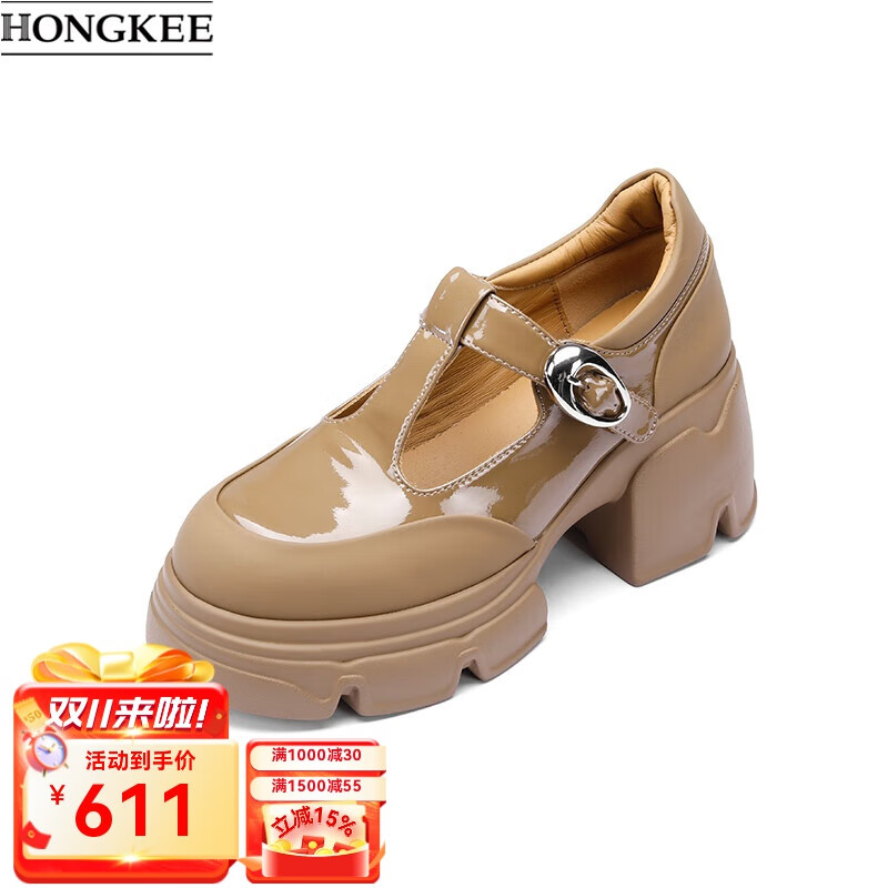 红科（HONGKEE）春季英伦风圆头粗跟金属饰扣时尚优雅玛丽珍单鞋女HD94D101 甜蜜棕 39