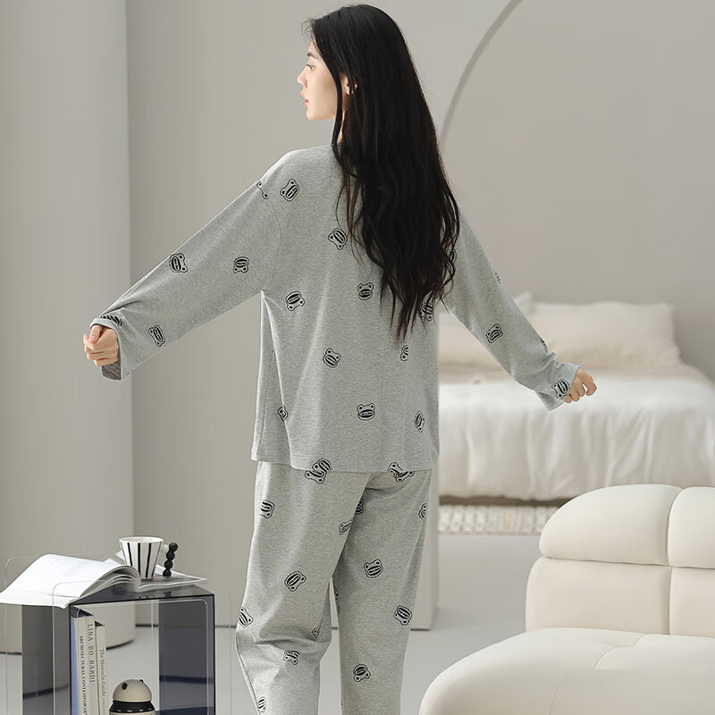 芬腾睡衣女100%纯棉秋新款柔软亲肤圆领套头家居服休闲外穿套装 灰色 L