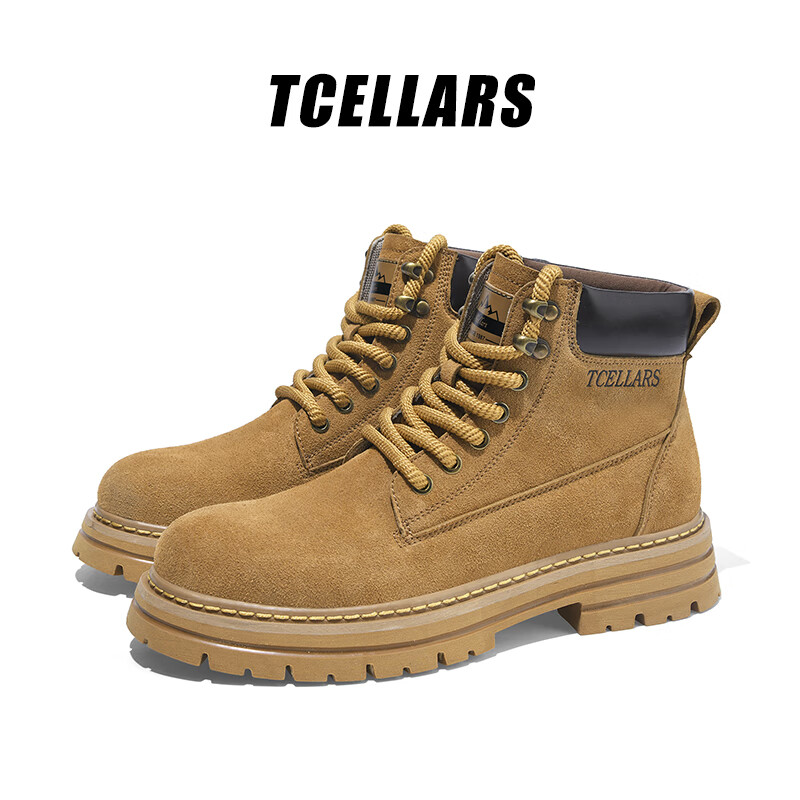 Tcellars马丁靴男鞋秋冬新款英伦复古风大黄靴厚底防滑户外工装靴子男士 土黄 43