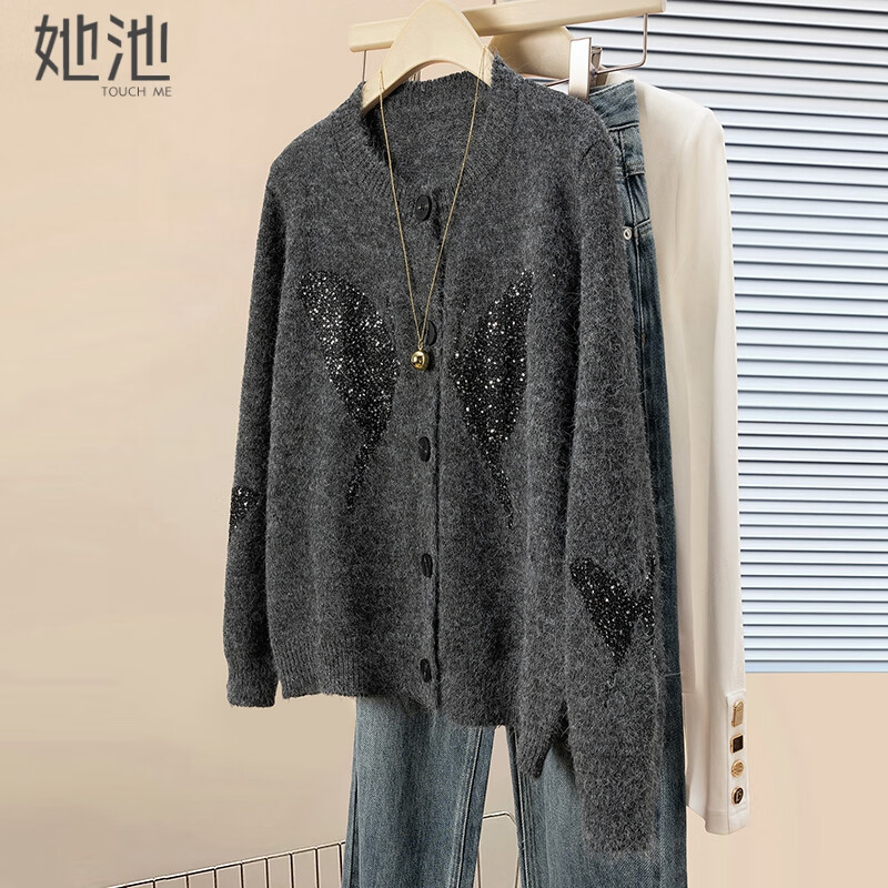 她池含绵羊毛蝴蝶图案针织开衫女2026春装新款休闲圆领上衣