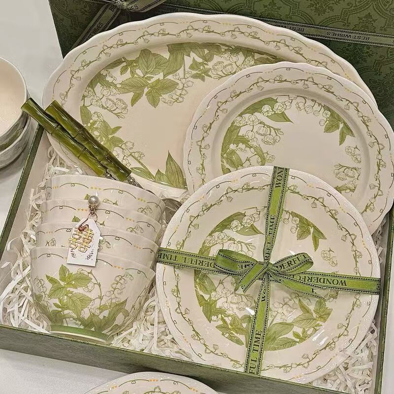 白朔碗具套装碗盘餐具整套简约高级陶瓷釉下彩餐具套装乔迁家用送礼 2人食带汤碗 9件套 【景德镇发货 胖东来同款】