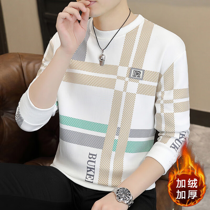 【2025新款】卫衣男秋冬季潮流修身加绒加厚保暖圆领长袖卫衣yzj 白色 （加绒加厚） XL （建议135-150斤）