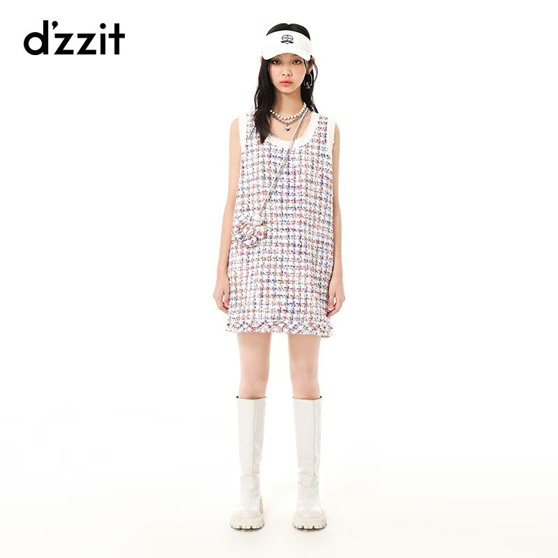DZZITdzzit2023春新款小香风粗花呢斜跨双链条花朵装饰连衣裙女 彩色 S