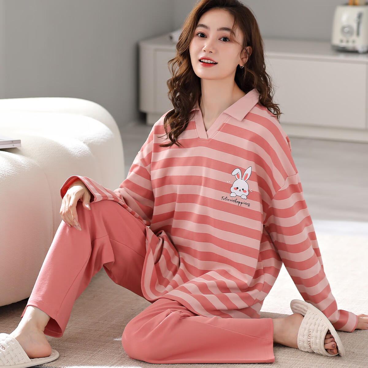 宜而爽女士睡衣女长袖长裤可爱兔子印花少女条纹家居服套装 粉色 L