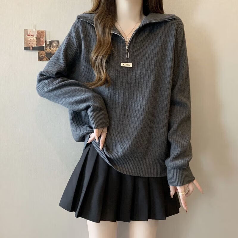 朵貌条半拉链翻领正肩女大码针织衫宽松显瘦毛衣打底衫减龄上衣 灰色 L 100-120斤