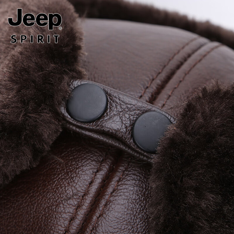 吉普(JEEP)冬季头层牛皮雷锋帽保暖护耳真皮帽子男士中老年人加厚东北老人帽 棕色真羊毛 58-59cm