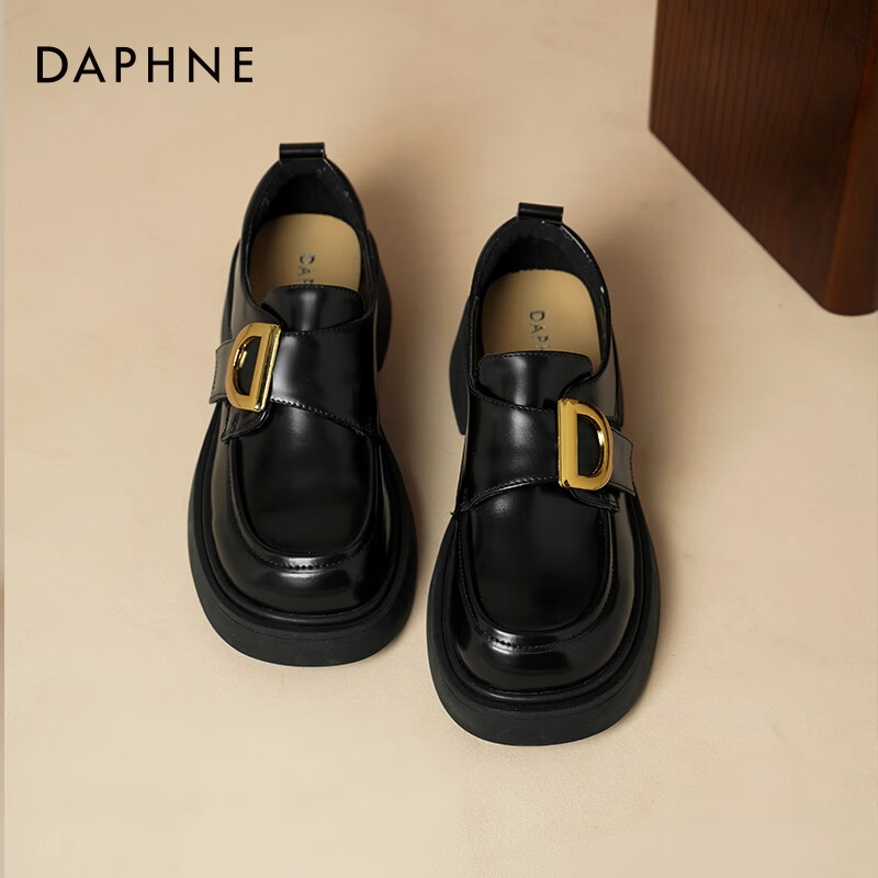 达芙妮厚底乐福鞋女2025新款秋季英伦风小皮鞋百搭复古魔术贴单鞋女ZJ 黑色-主图款 4cm跟高 37