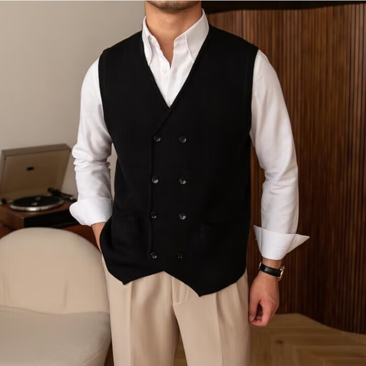 梦都双排扣男士背心感针织毛衣男士秋冬款英伦风休闲百搭坎肩开衫马甲