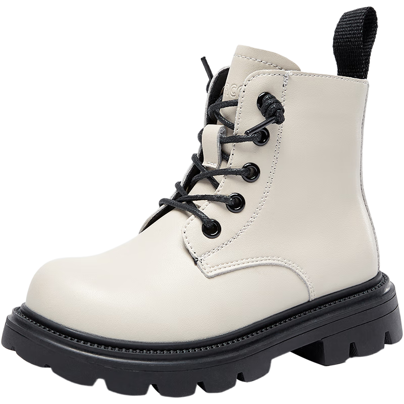 意爾康童鞋兒童靴子男童馬丁靴女童短靴增高厚底工裝靴皮靴米白2 35