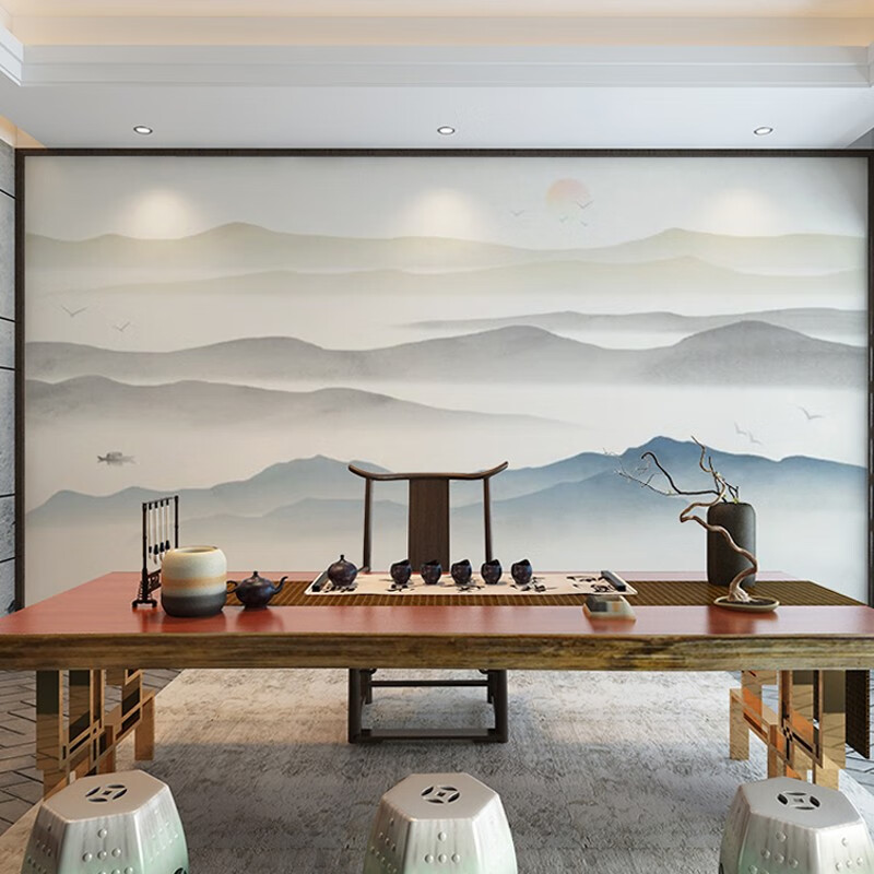 米柔 米柔3d新中式水墨喷绘山水墙纸客厅素描写意电视背景墙壁纸5d