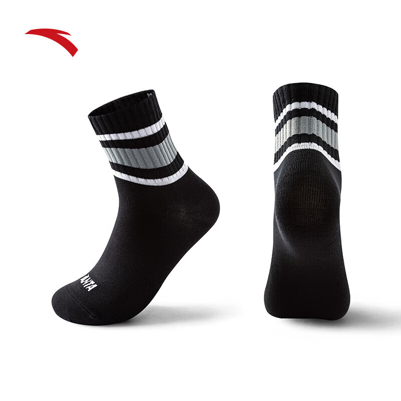 安踏（ANTA）运动袜精梳棉吸汗防臭透气耐磨学院风休闲百搭条纹中筒袜子 基础黑-1 M(38-42码)