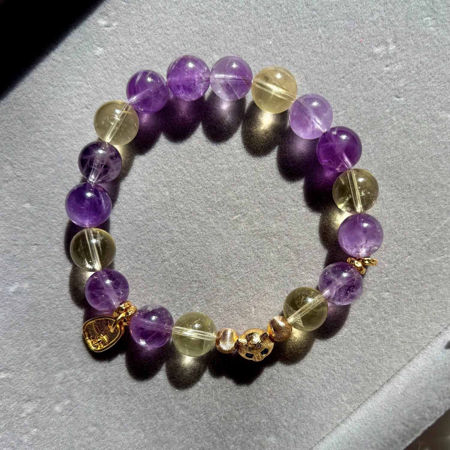 天然紫水晶黄水晶手链手串九紫离火金猫送福熊猫公主水晶 巴西紫水晶 10mm