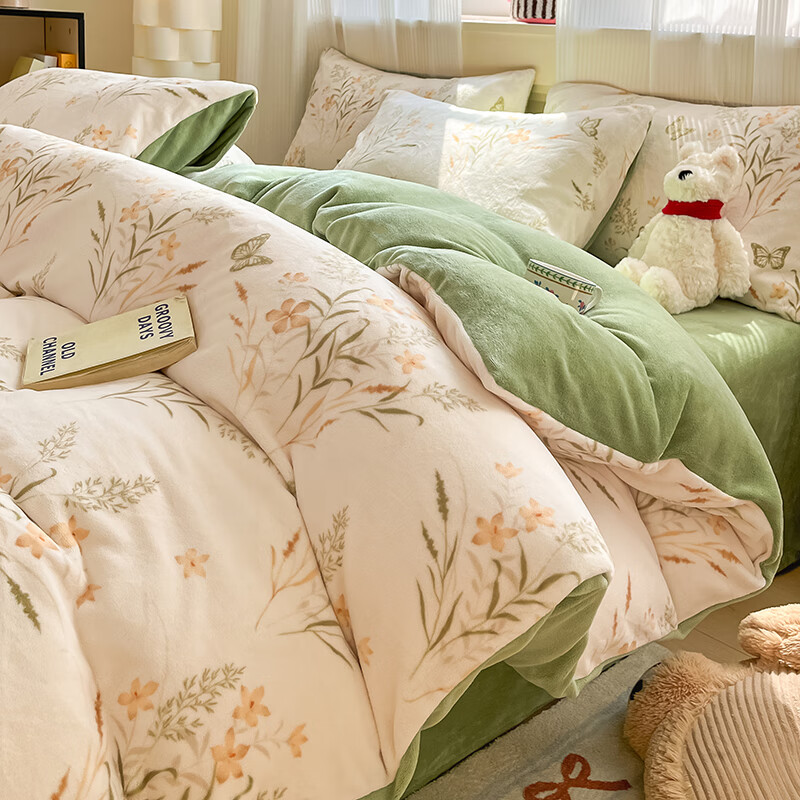 无印良品牛奶绒床上用品四件套珊瑚绒冬季加绒高端轻奢床单被套床笠三件套 春序【加厚加绒锁热蓄暖】 1.8m 床笠款 四件套/被套200x230cm