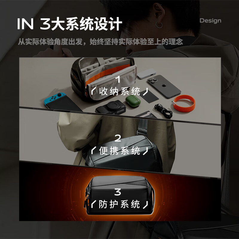inateck数码斜挎包X-mode随行包手提包数码收纳包多功能电源相机配件包 黑色【无肩带】 中包