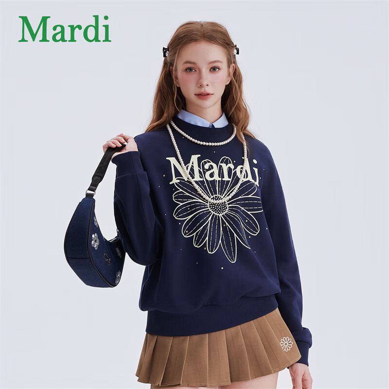 MARDI小雏菊韩版圆领卫衣女2025冬季新款印花宽松休闲上衣百搭时尚潮流 藤蓝 L
