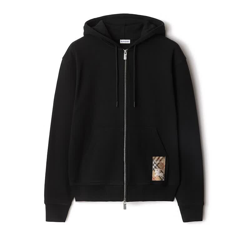 博柏利（BURBERRY）男士卫衣博柏利卫衣男 FW24 格纹标签棉质拉链连帽卫衣 男款  黑色81022761 S