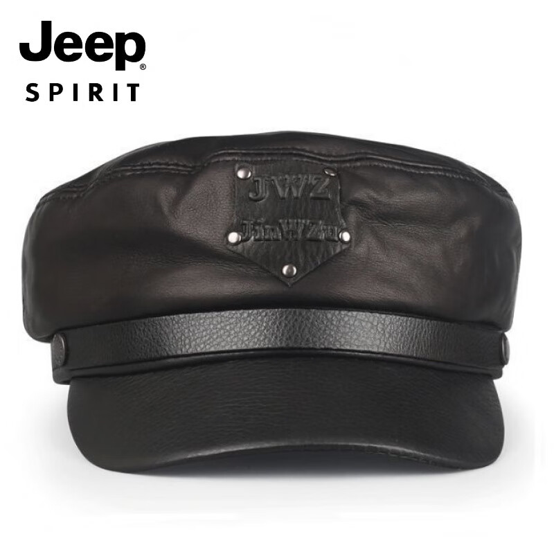 JEEP羊皮真皮帽子潮鸭舌男女平顶朋克秋冬季军帽英伦中老年人机车冬天 黑色羊皮 M 大码XXL(适合59-60c围)