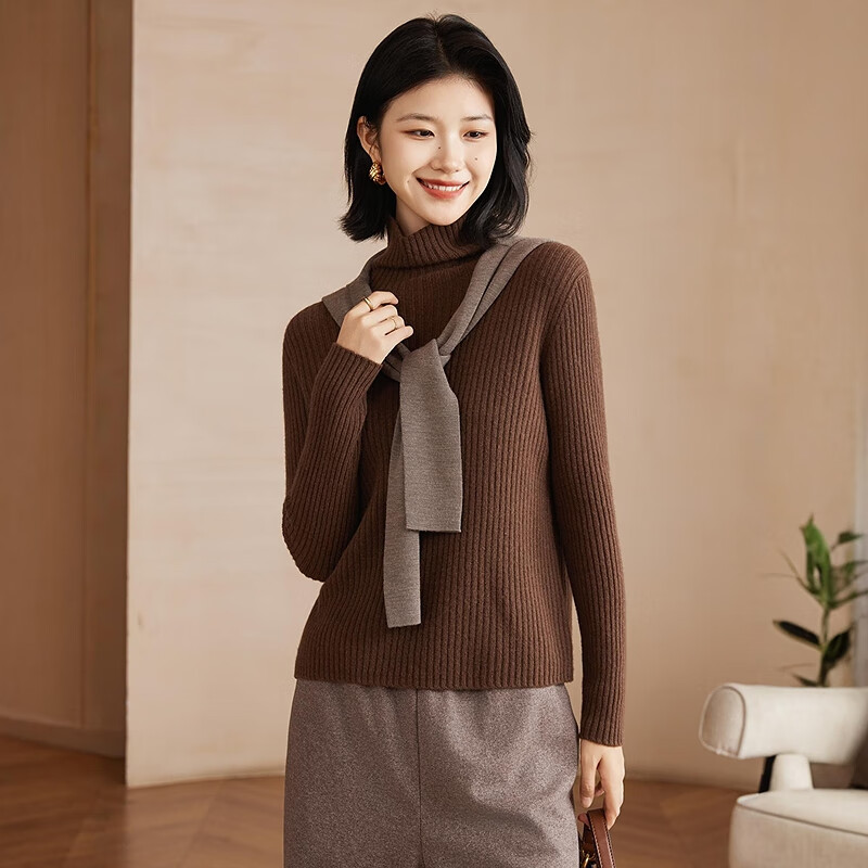 恒源祥【羊毛+羊绒】无缝针织衫上衣高领羊毛衫女装秋冬纯色保暖毛衣女 咖色 S /160/84A