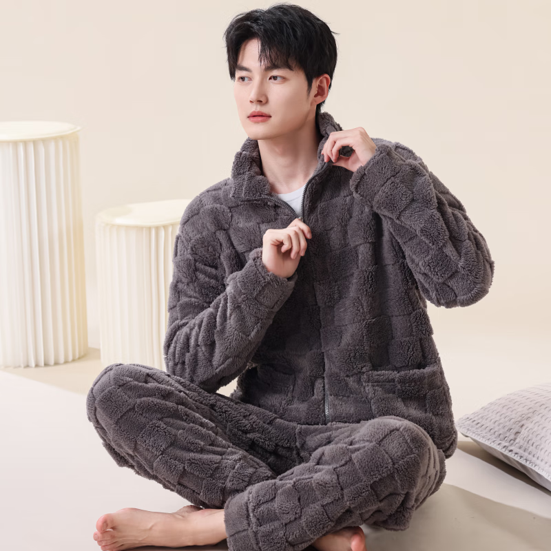 雪中飞睡衣冬季男2025年新款拉链加绒加厚珊瑚绒可外穿大码家居服套装 NSCJF-深灰方格拉链 L 【建议110-130斤】