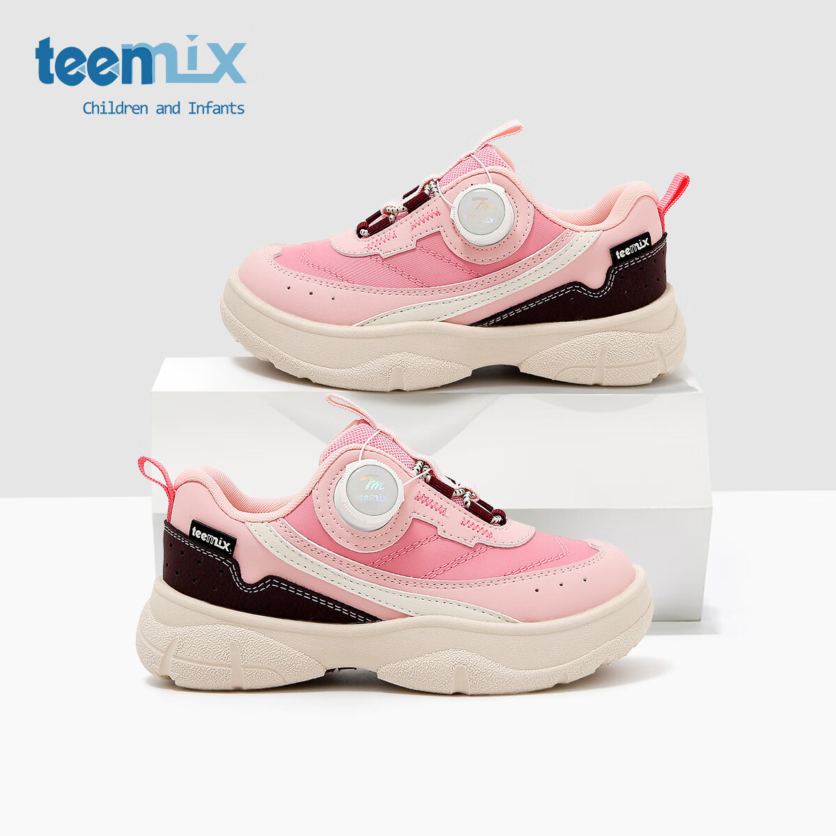 天美意童鞋2025年春秋新款女童百搭防滑户外休闲鞋男童旋扣运动鞋 花丹粉 32
