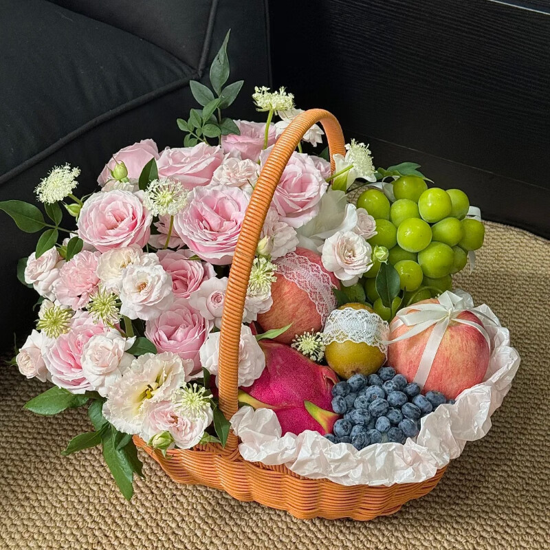 領(lǐng)香鮮花速遞法式水果禮盒花籃生日禮物送女友閨蜜客戶(hù)全國同城配送 粉玫瑰水果手提花籃