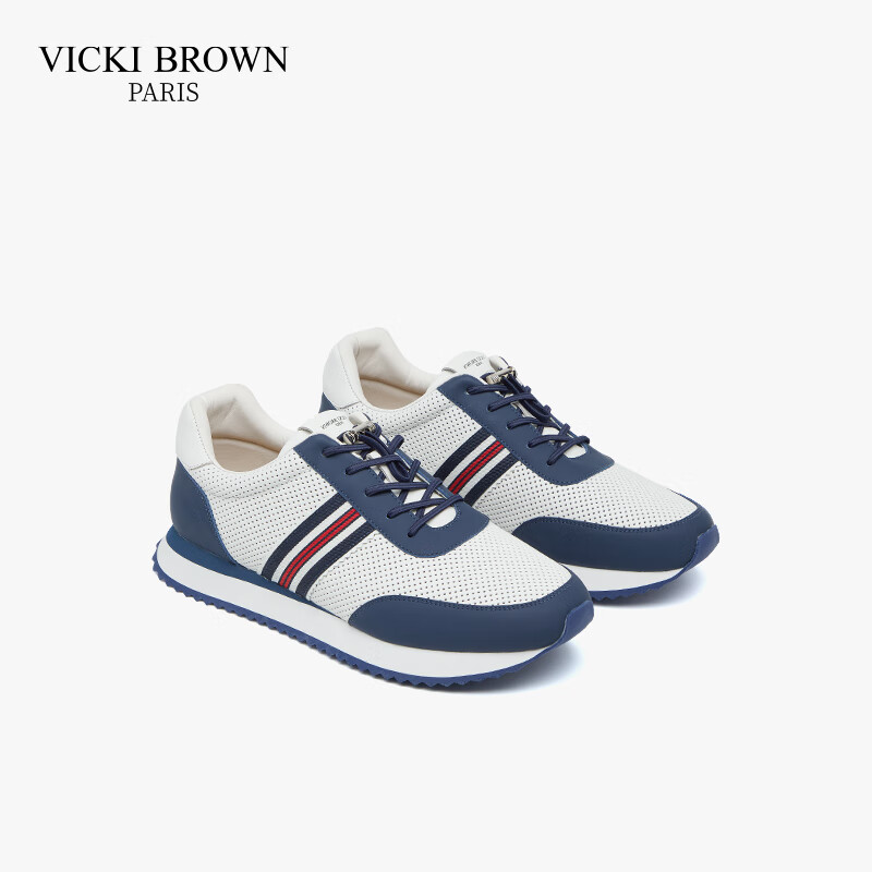 未毕(VICKI BROWN)法国品牌VB男鞋【胜利系列】新款透气网面休闲鞋潮流舒适条纹皮鞋 白蓝 41