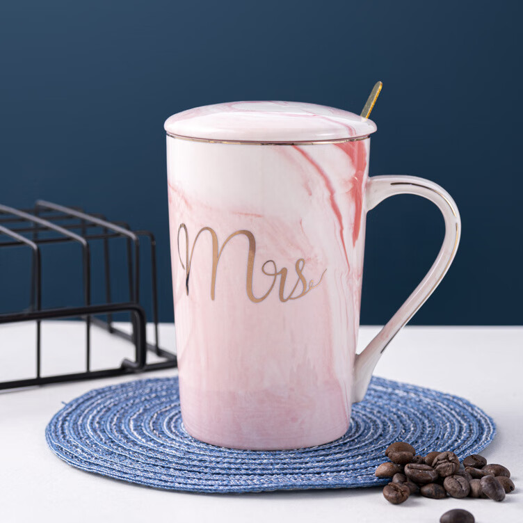 【严选好货】欧式创意金边大理石纹陶瓷马克杯创意咖啡杯婚庆伴手 金边12安士粉m(一杯一勺一盖 301-400ml 京东折扣/优惠券
