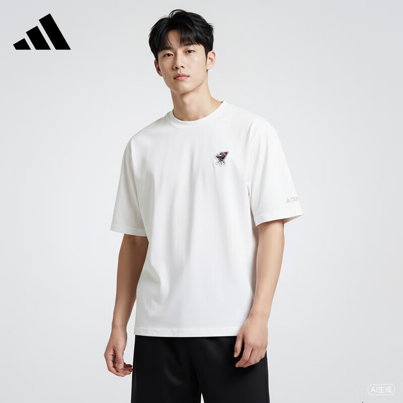 阿迪达斯adidas 纯色卡通绣标运动宽松圆领短袖T恤 男款 白色  2XL
