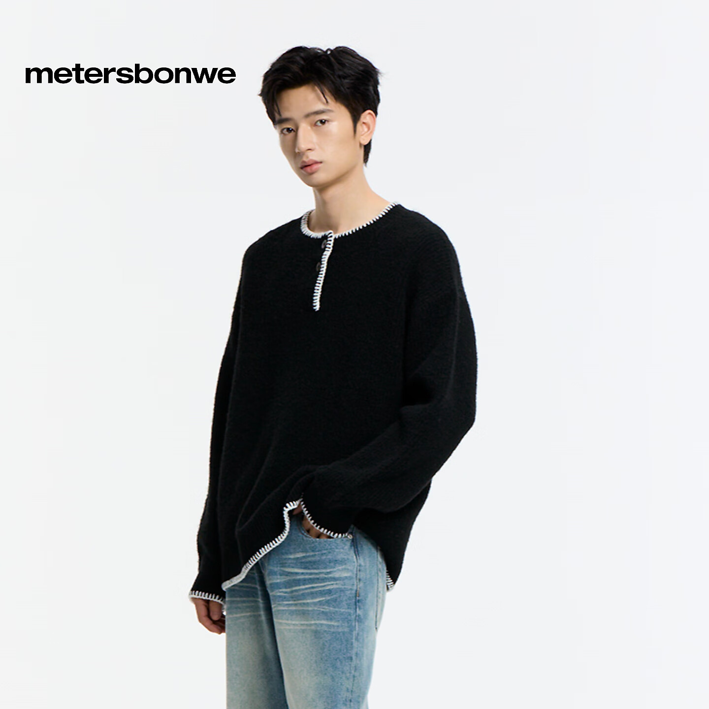 美特斯邦威男毛衣2025冬季新款通勤撞色半开纽扣宽松圆领毛衫上衣 影黑 L 175/96A