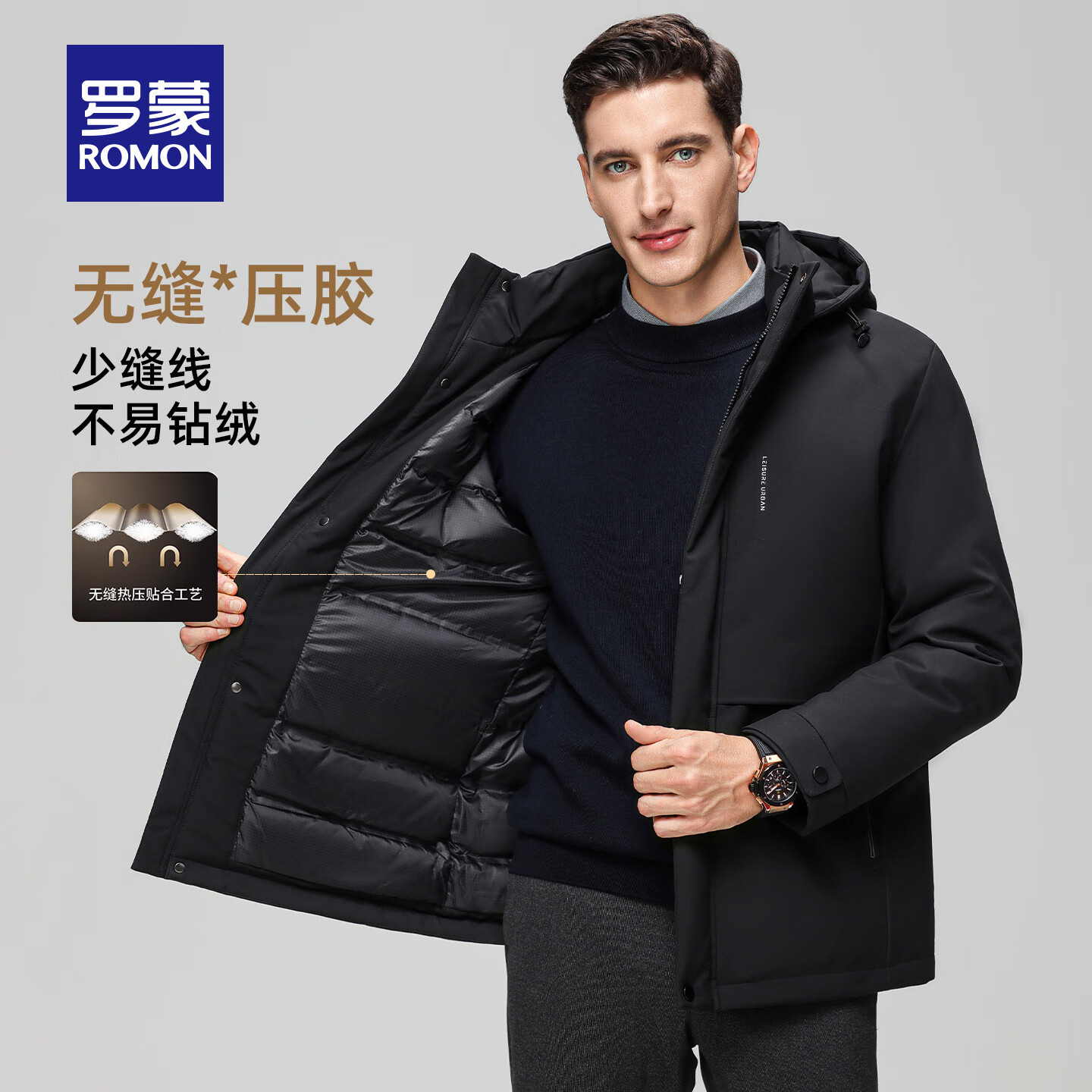 罗蒙（ROMON）短款可拆卸连帽羽绒服男士冬季中老年休闲防寒加厚外套保暖爸爸装 藏青色 L 175 【建议120-135斤】