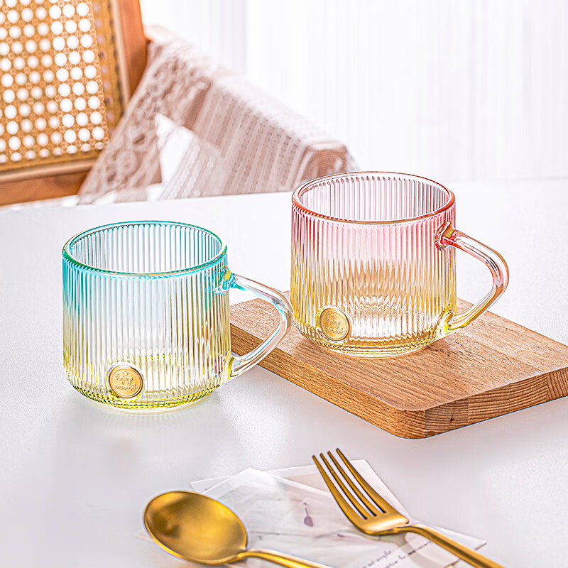 LOVWISHins风竖纹玻璃杯带把水杯家用饮料杯高颜值马克杯高级感咖啡杯子 乐映竖纹把杯【混色】350ml*2