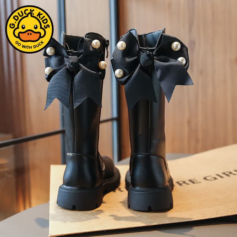 G.duck女童长筒靴2026春秋新款儿童靴子韩版小女孩公主靴中大童马丁靴潮 黑色 30 内长约19.0CM