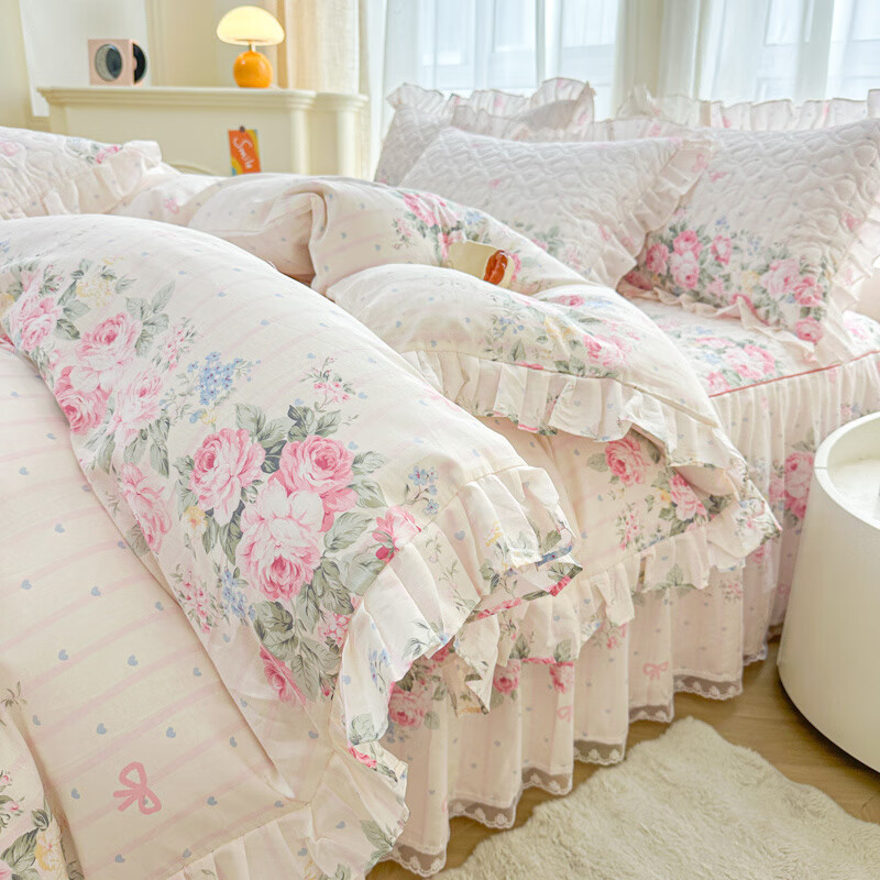 诸禄田园风小碎花全棉床围裙四件套高端轻奢夹棉床罩防滑花边被套四季 亚瑟花园 床裙款 2.0*2.2四件套-被套2*2.3