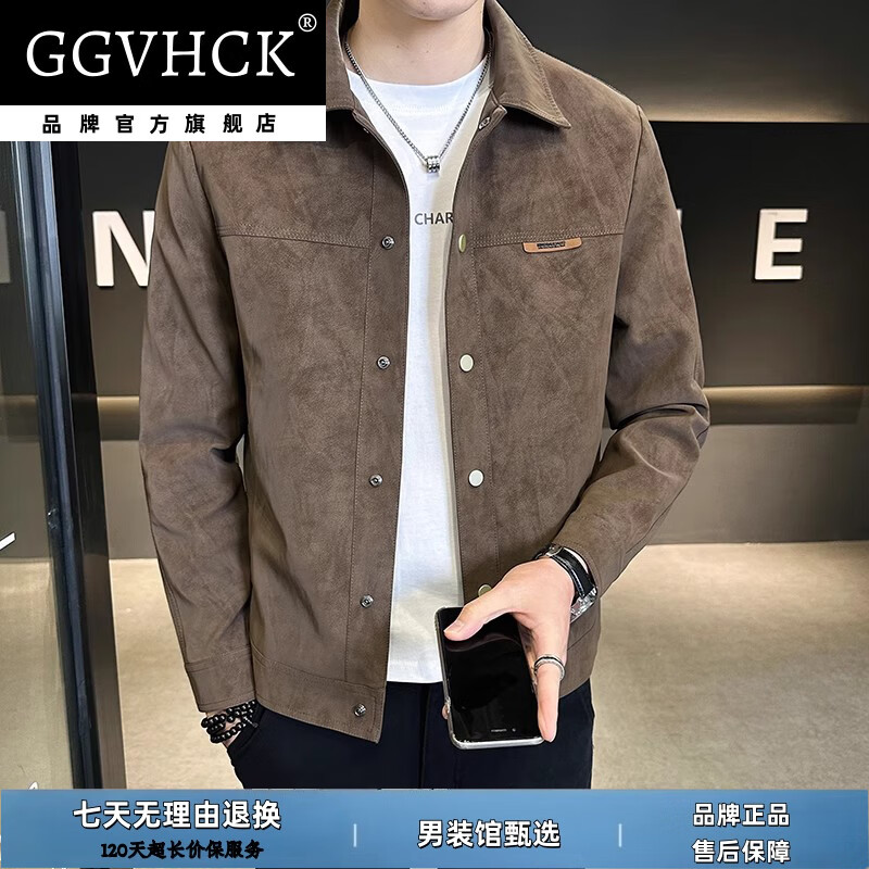 GG VH CK品牌轻奢夹克男士2026春季新款高级感仿鹿皮商务休闲男外套高档 黑色加绒款 4XL