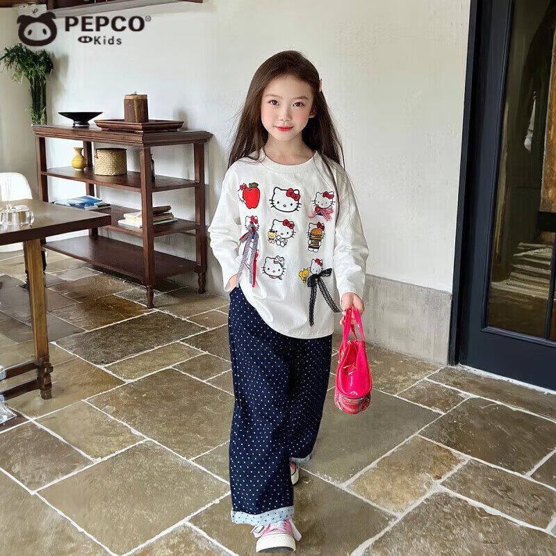 小猪班纳女童卡通印花白色长袖T恤儿童女孩蝴蝶结条纹百搭打底衫 奶白色蝴蝶结 130 *建议身高120-130cm