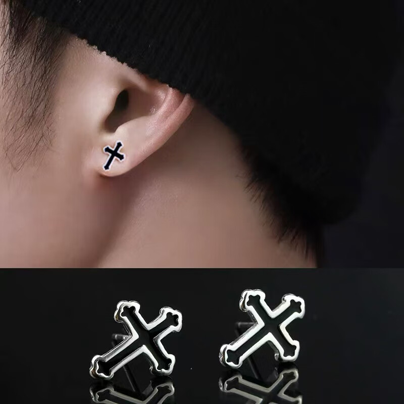 卓麦黑色烤漆十字架耳钉男纯s925银2025年扭螺丝耳环韩版个性简约耳饰